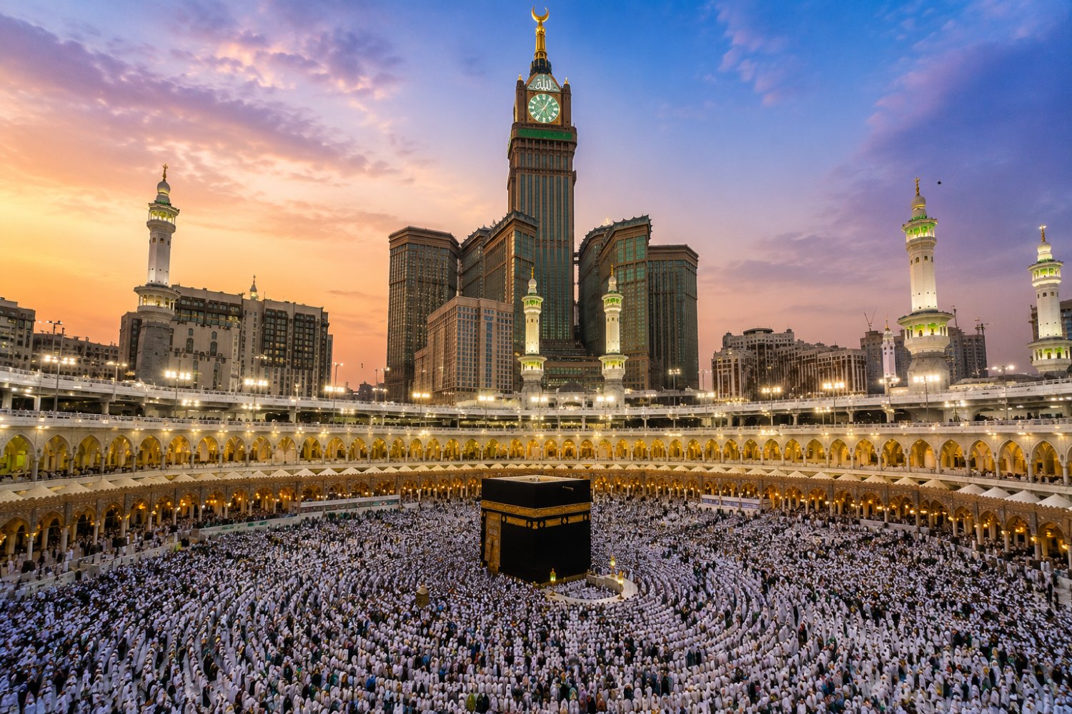 The Grand Mosque and Kaaba in Makkah at dusk