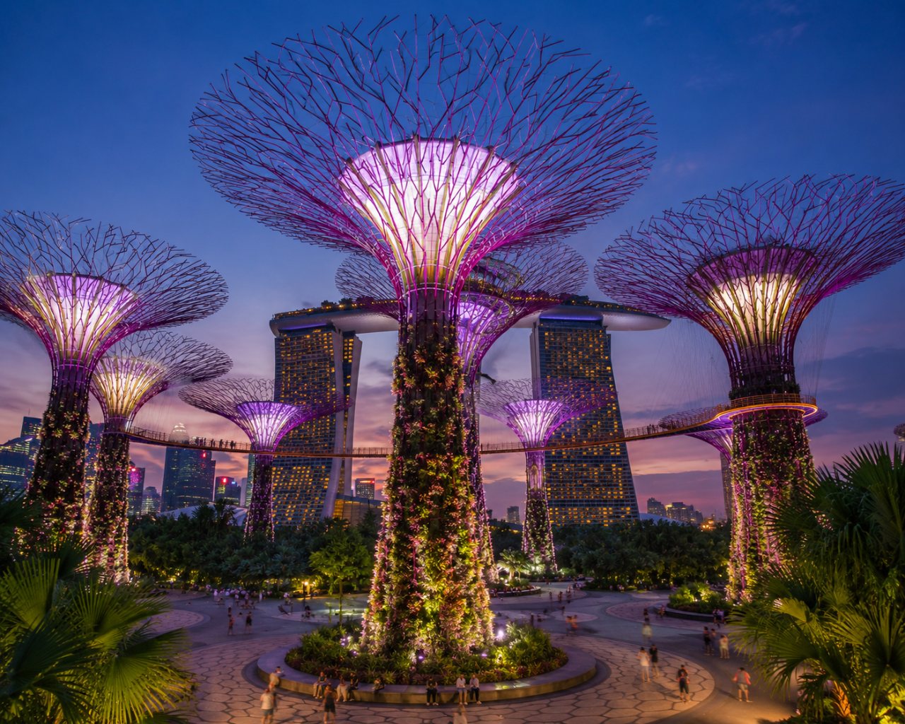 Supertree Grove illuminated at night in Singapore